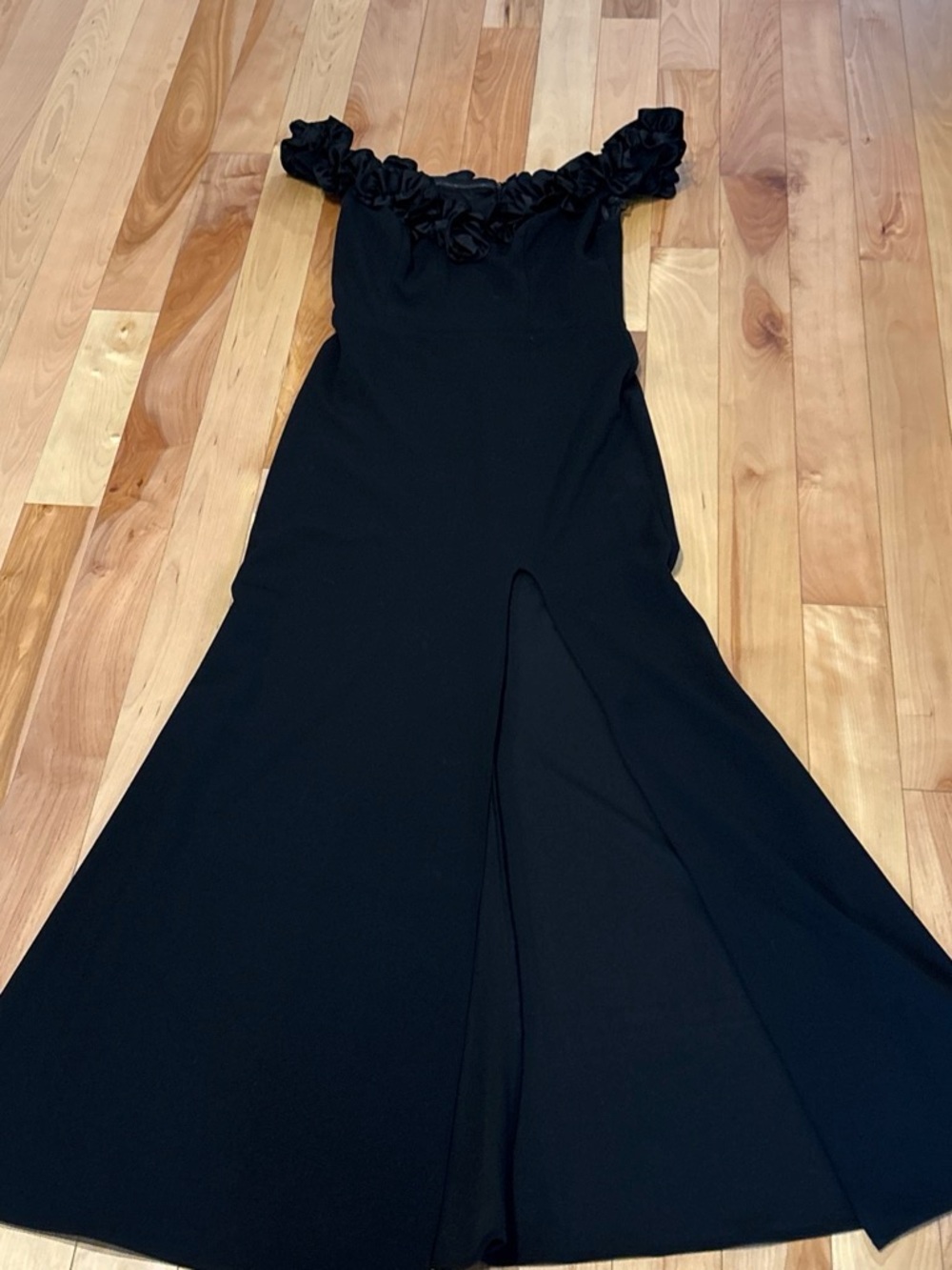 Blondie Nites Black Off-Shoulder Floral Trim Maxi Dress